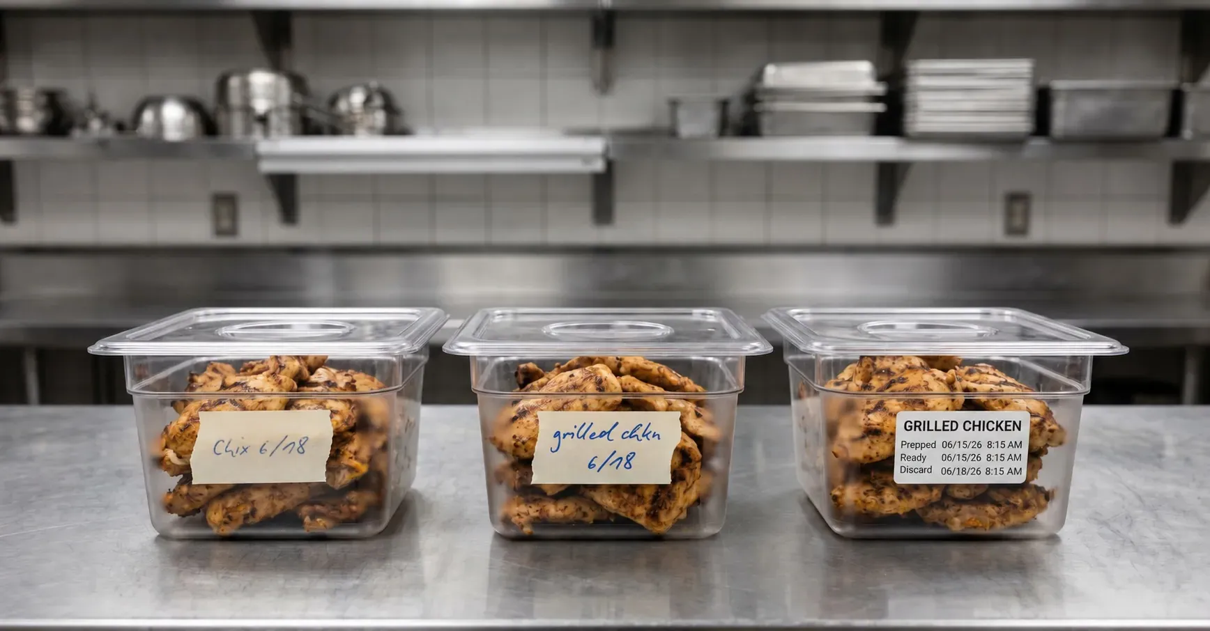Three grilled chicken prep containers compare handwritten food labels with a standardized printed prep label, illustrating the move to automated food labeling in a commercial kitchen.
