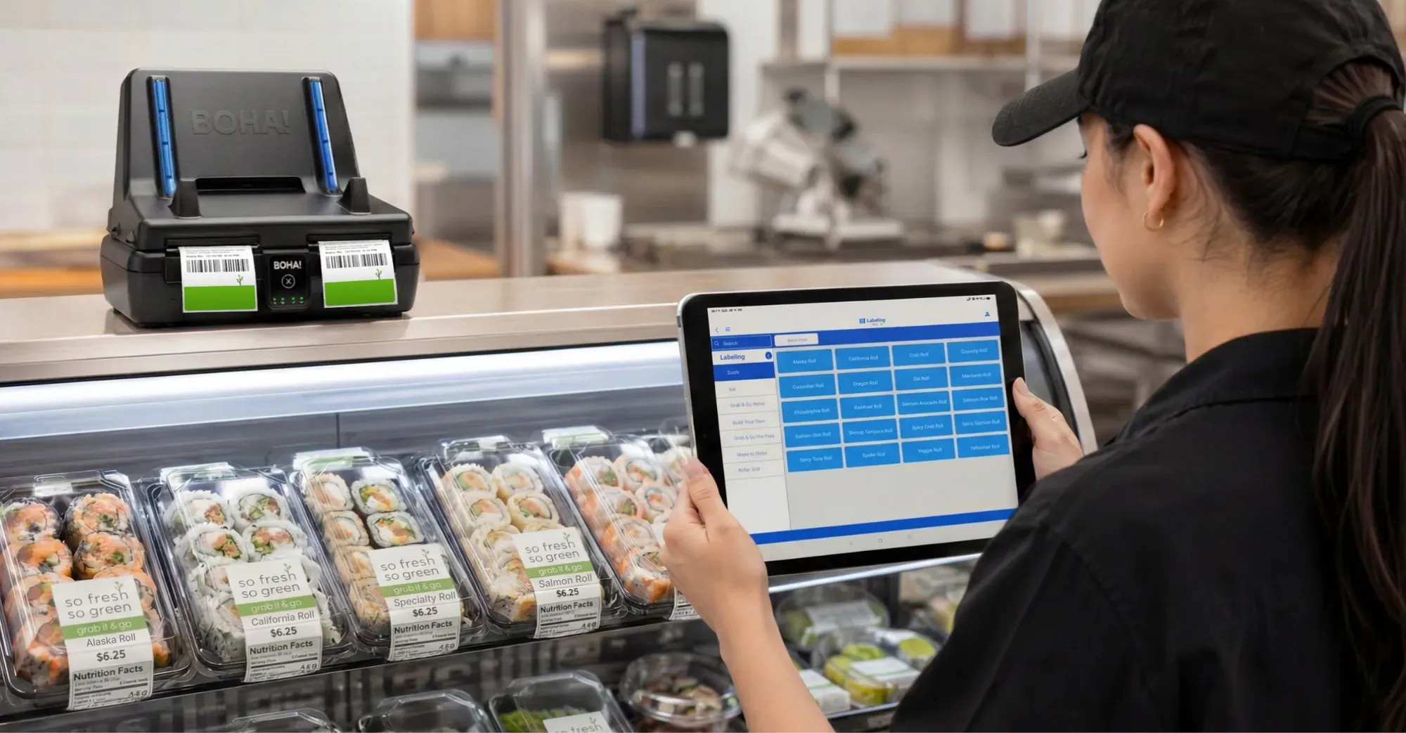 Foodservice employee using the detachable BOHA! WorkStation tablet beside a grab-and-go sushi display while the WorkStation printer base prints labels nearby.