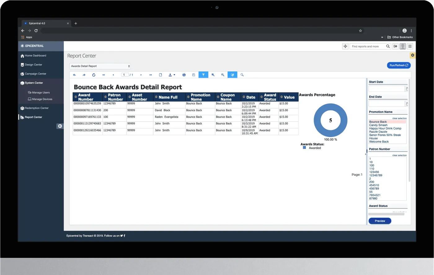 Epicentral Report Center interface