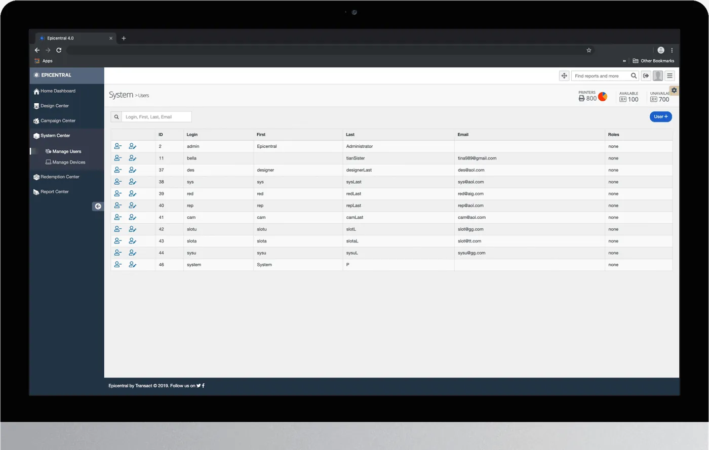 Epicentral System Center interface