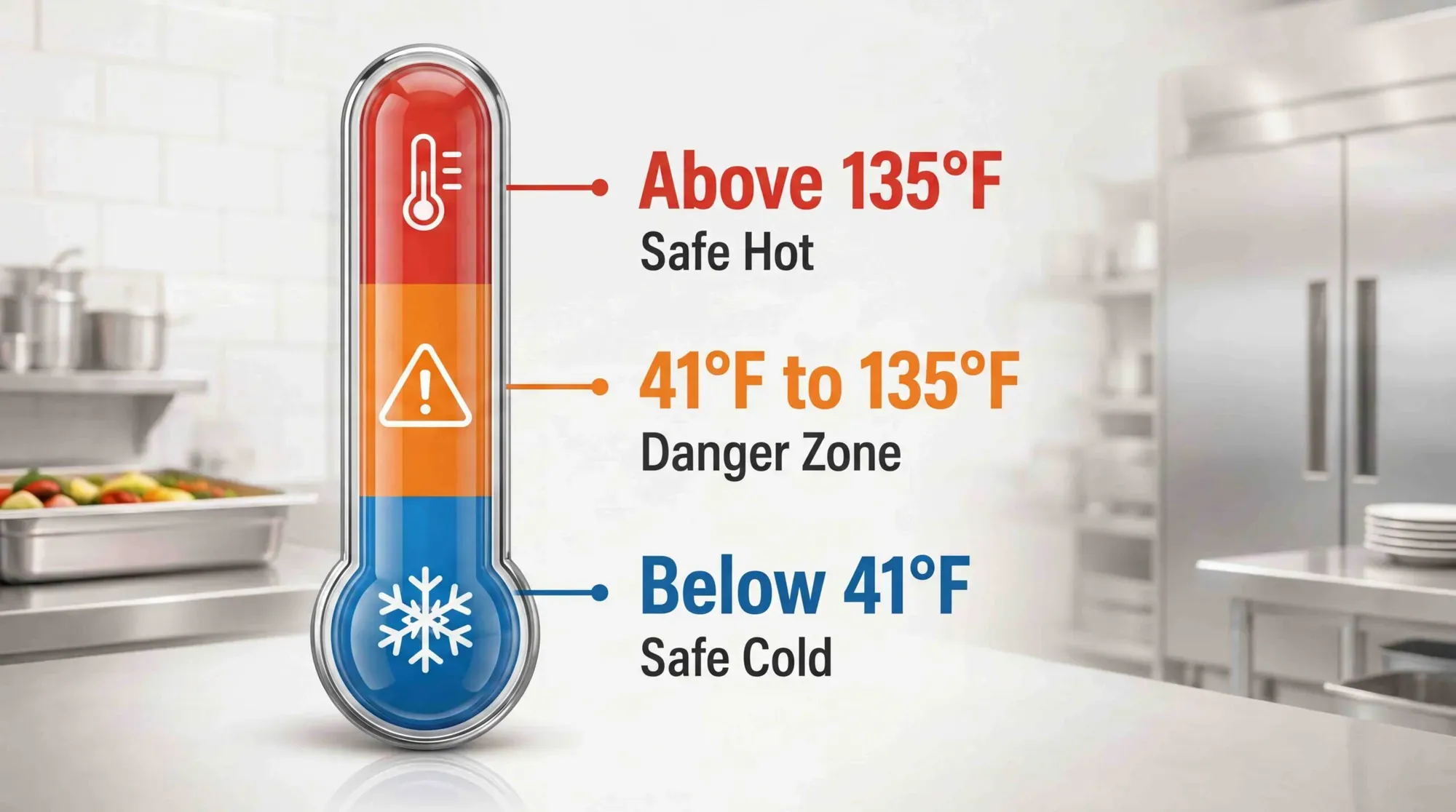 Thermometer graphic showing food temperatures above 135°F as safe hot, 41°F to 135°F as the danger zone, and below 41°F as safe cold.
