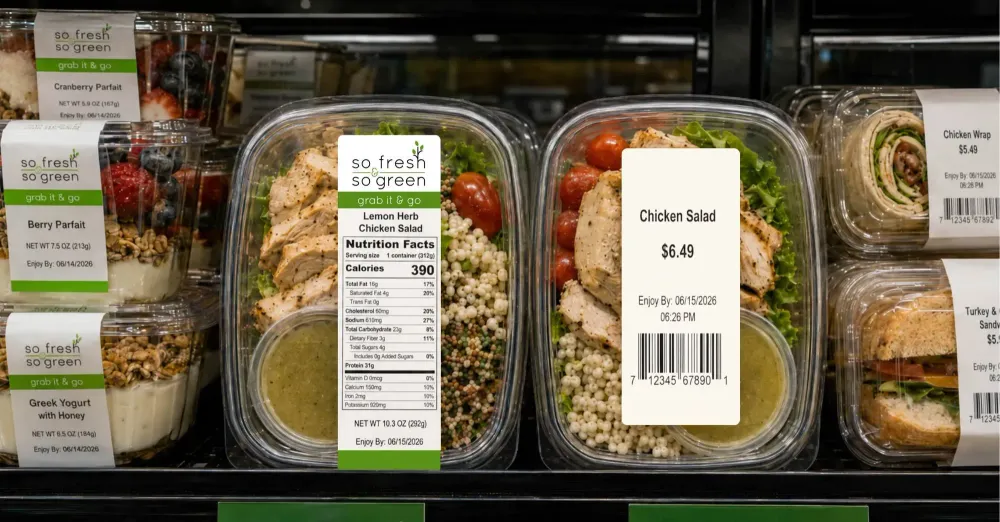 Grab-N-Go food case with branded food labels and a plain blank label on packaged salads, showing how branded labels improve customer-facing food presentation.