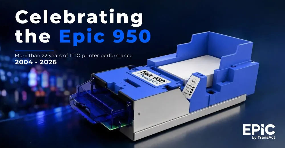 Banner graphic celebrating TransAct’s Epic 950 TITO printer legacy, featuring production and final shipment imagery.