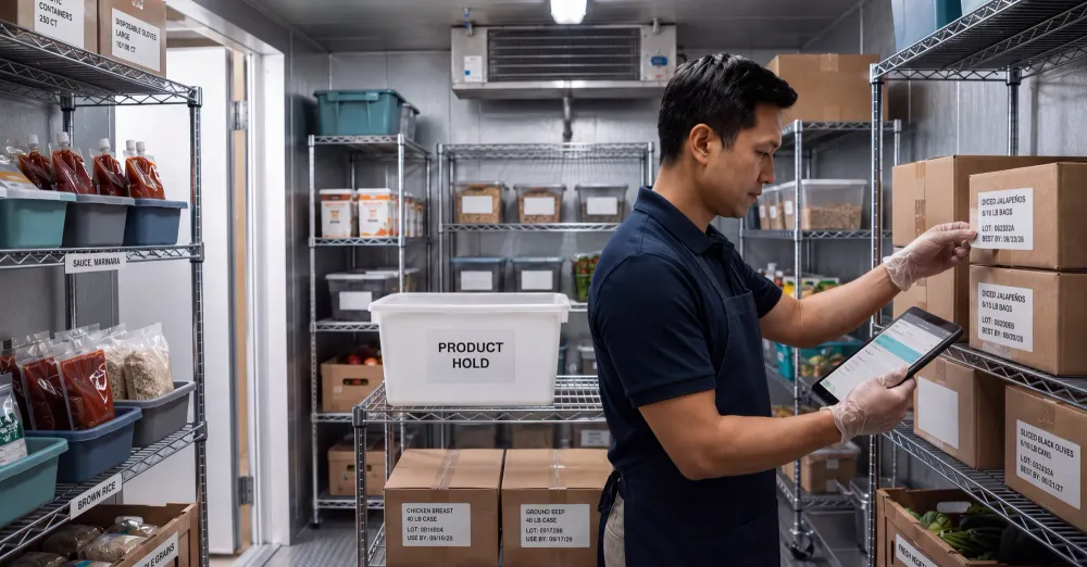 A food service operator using a tablet to manage inventory next to a bin labeled PRODUCT HOLD in a commercial storage room.