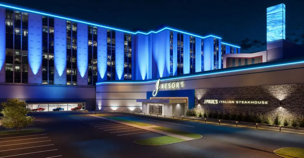 Nighttime exterior of J Resort in Reno, highlighting Jacobs Entertainment’s destination-style casino resort and hospitality environment.