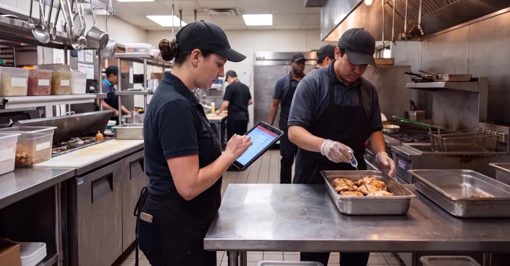 Quick service restaurant manager reviewing a digital food safety record on a tablet while a cook checks the temperature of cooked chicken with a probe thermometer.
