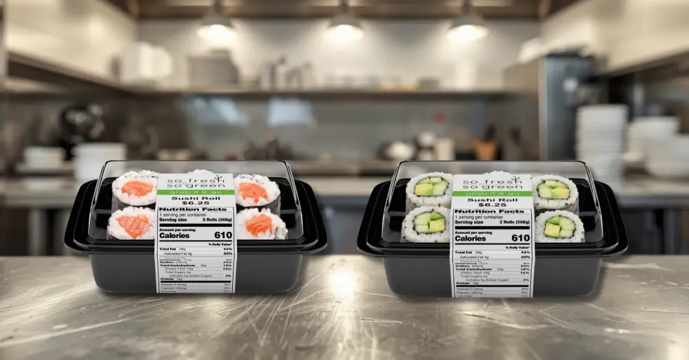 Packaged sushi rolls with printed Grab-N-Go food labels on a stainless steel counter in a commercial kitchen.