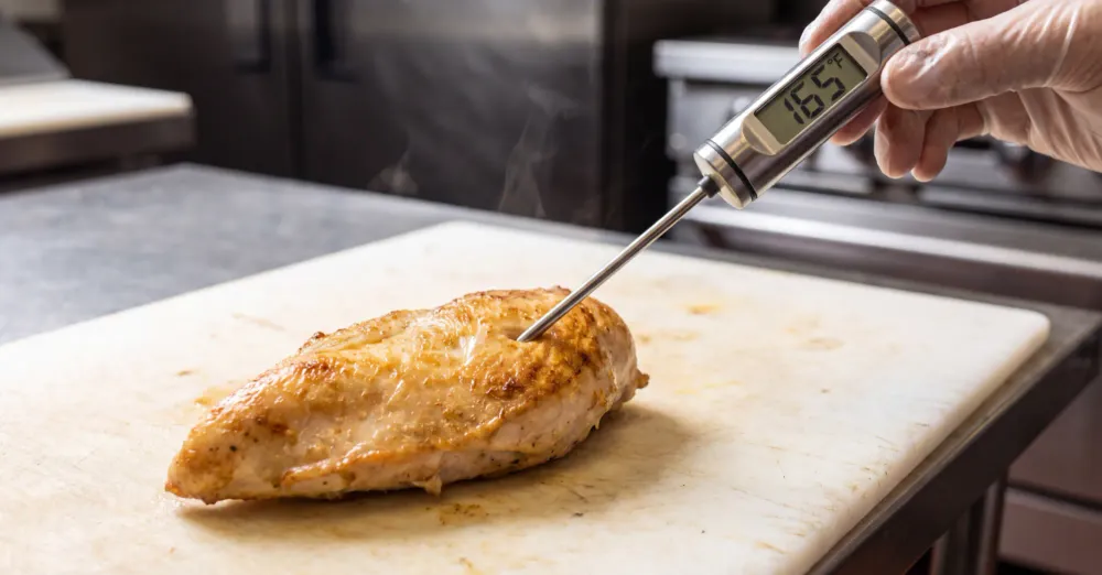 Temperature probe inserted into a chicken breast, displaying 165F internal temperature.