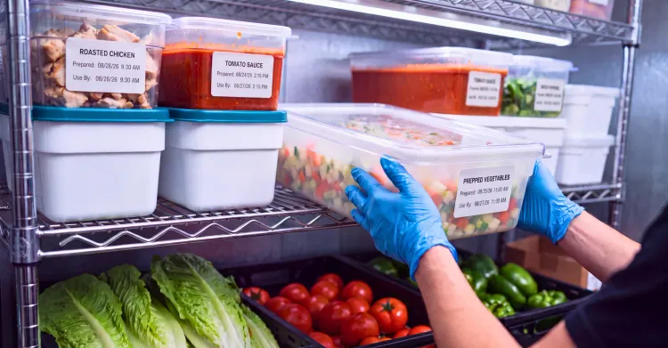 A commercial kitchen refrigerator shelf demonstrating inventory rotation with labeled containers of roasted chicken, tomato sauce, and prepped vegetables being handled by a kitchen worker wearing blue gloves.