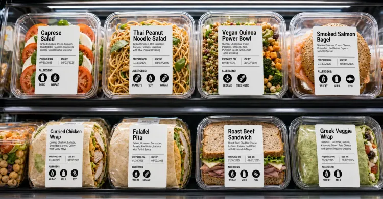 Refrigerated grab-and-go display filled with packaged salads, wraps, bagels, and sandwiches, each featuring a clear label with ingredients, prepared-on and use-by dates, and large allergen icons.