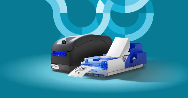 Two Transact Epic TT+ TITO thermal ticket printers shown side-by-side against a blue graphic background.