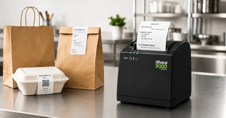 Ithaca 9000 printer producing a delivery receipt beside takeout bags and a clamshell container with a QR-code label in a commercial kitchen packaging area.