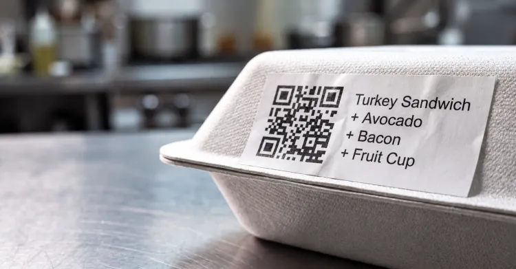 Close-up of a printed made-to-order label with barcode applied to a wrapped sandwich, kitchen blurred in the background