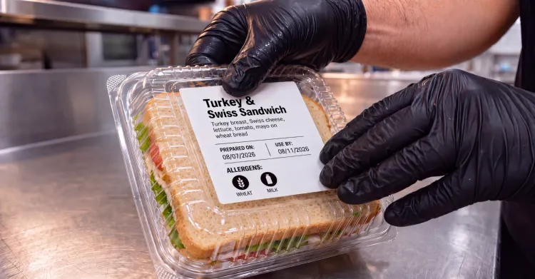 lose-up of a food safety operator wearing black disposable gloves placing a compliance label on a clear packaged sandwich. The label clearly displays the product name, "Prepared On" and "Use By" dates, and bold allergen icons for wheat and milk.