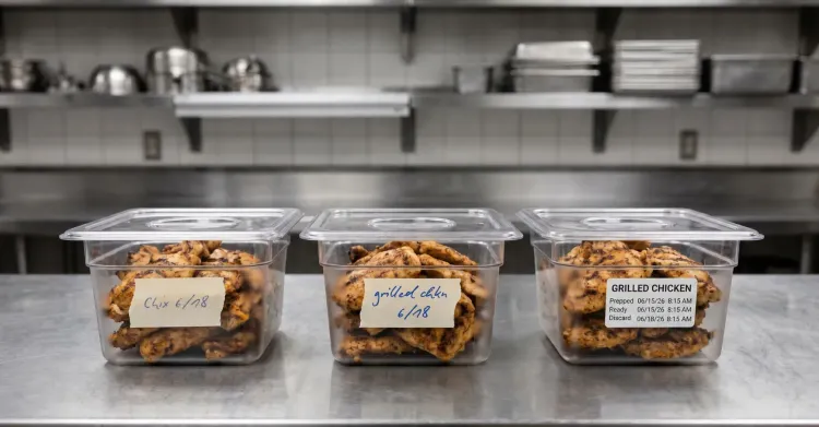 Three grilled chicken prep containers compare handwritten food labels with a standardized printed prep label, illustrating the move to automated food labeling in a commercial kitchen.