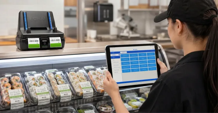 Foodservice employee using the detachable BOHA! WorkStation tablet beside a grab-and-go sushi display while the WorkStation printer base prints labels nearby.