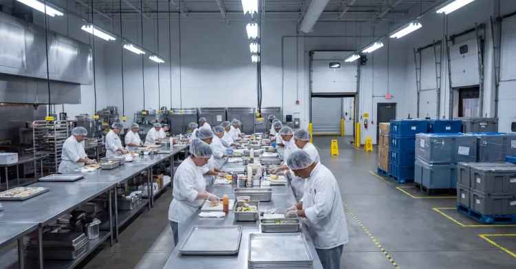  Wide view of a large-scale commissary kitchen production line with staff prepping food and sealed totes staged for distribution.
