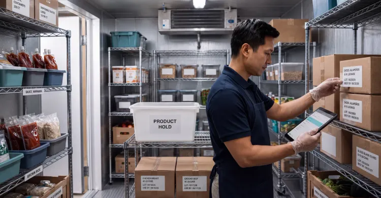 A food service operator using a tablet to manage inventory next to a bin labeled PRODUCT HOLD in a commercial storage room.