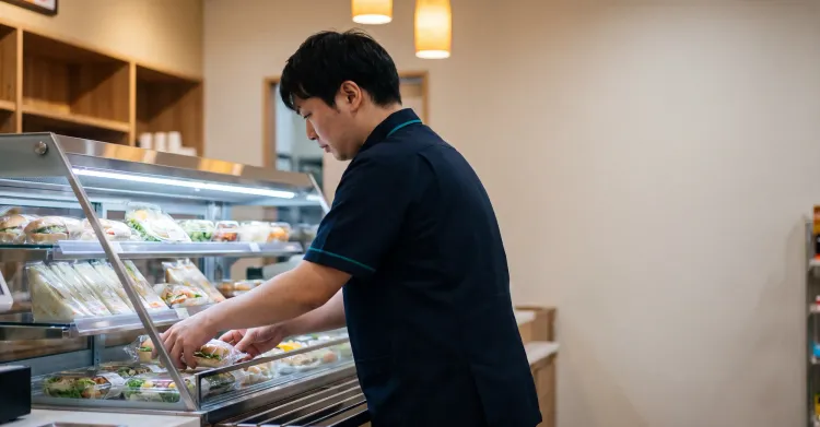 A convenience store employee in a dark uniform stocking packaged sandwiches and fresh food onto refrigerated display shelves.