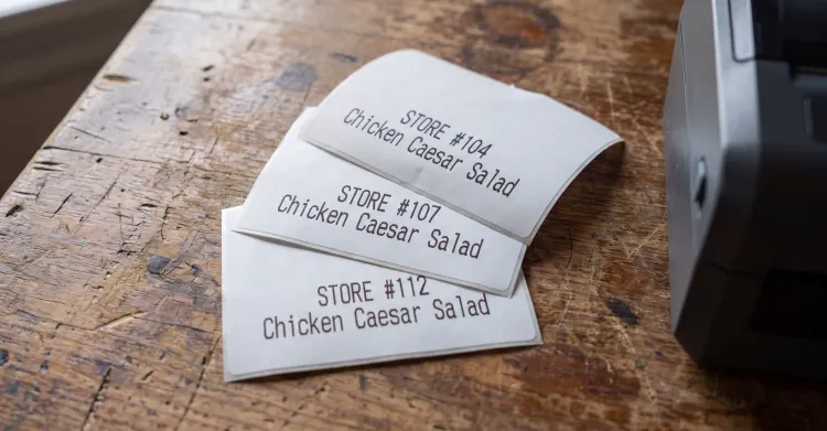 Prep labels for the same menu item printed across three restaurant locations after a recipe change update.