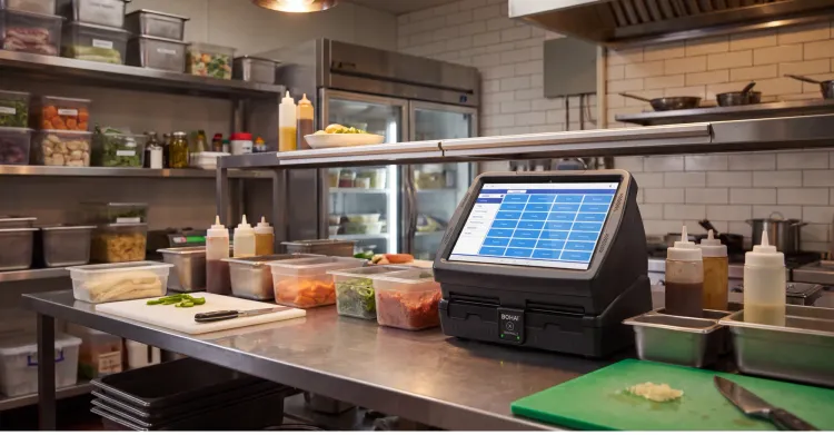 Commercial kitchen prep station featuring a BOHA! touchscreen terminal on a stainless steel counter surrounded by food prep containers and squeeze bottles.