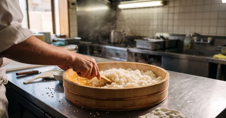 Sushi chef mixing seasoned vinegar into warm sushi rice in a traditional wooden hangiri bowl using a rice paddle.
