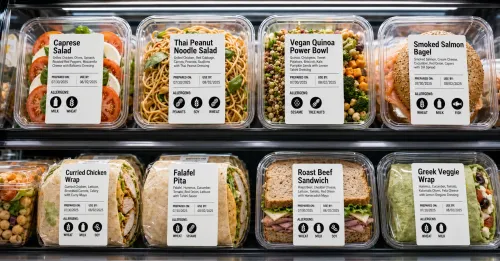 Refrigerated Grab-N-Go display filled with packaged salads, wraps, bagels, and sandwiches, each featuring a clear label with ingredients, prepared-on and use-by dates, and large allergen icons.