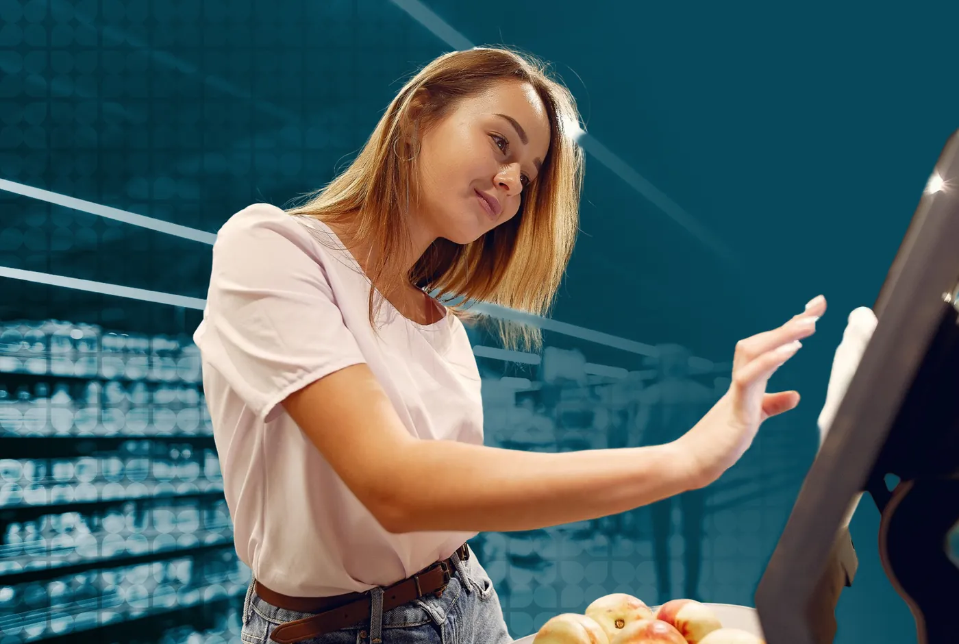 A shopper using a self-service kiosk at a convenience store, in teal duotone