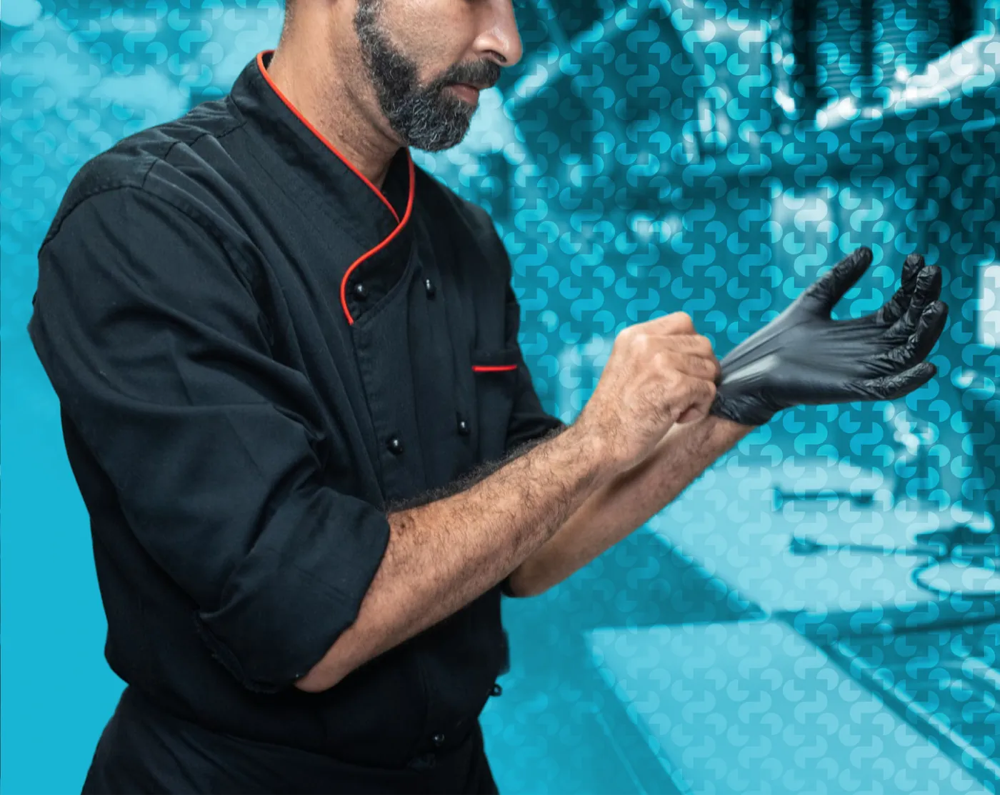 A chef pulling on a food-safety glove, in cyan duotone