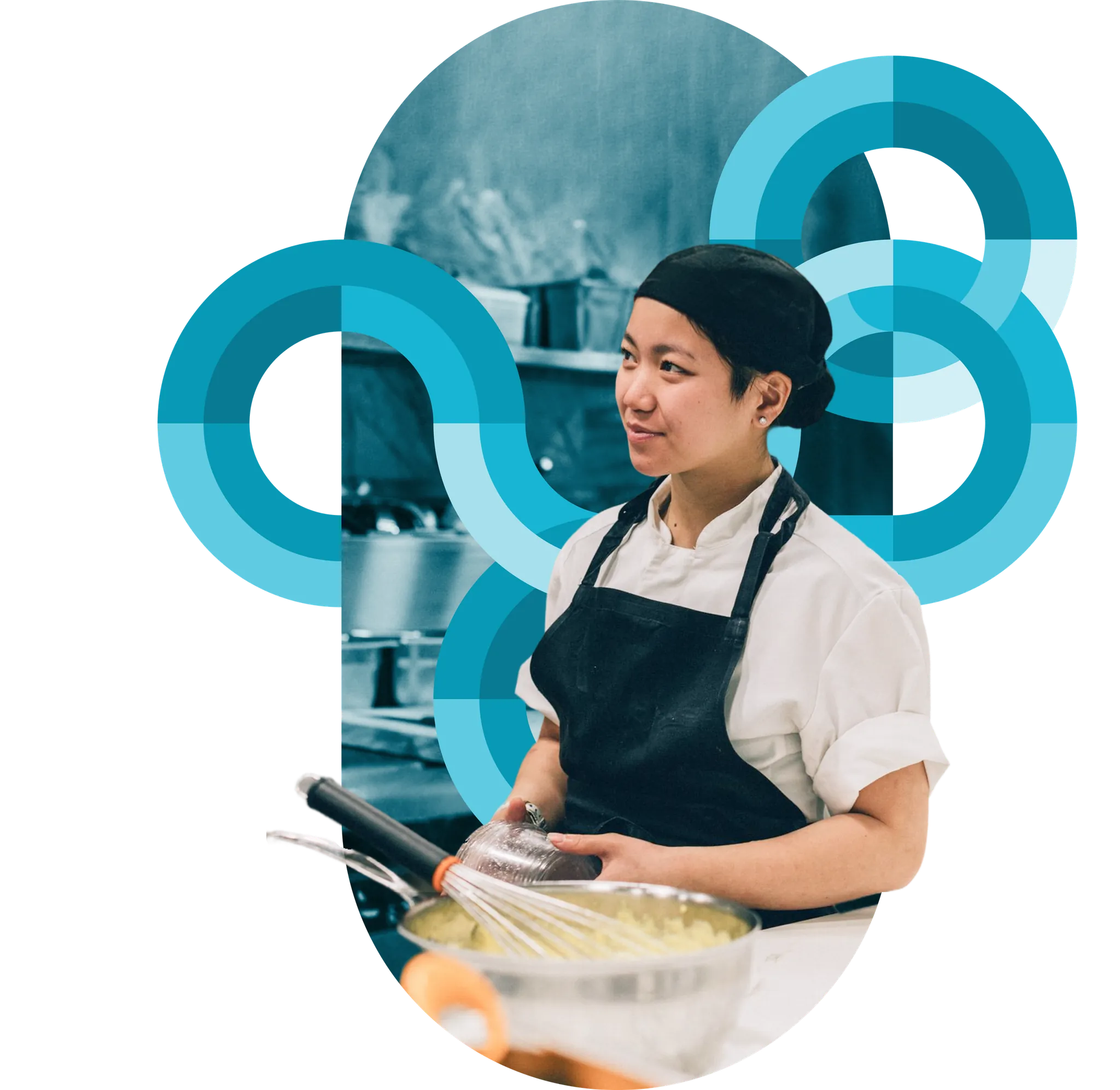 A cook in a cap and apron whisking a bowl at a back-of-house station, framed by teal circular brand graphics