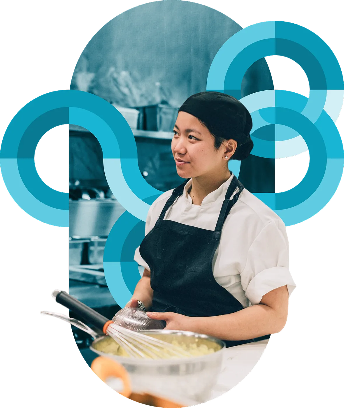 A back-of-house kitchen team working amid teal circular brand graphics
