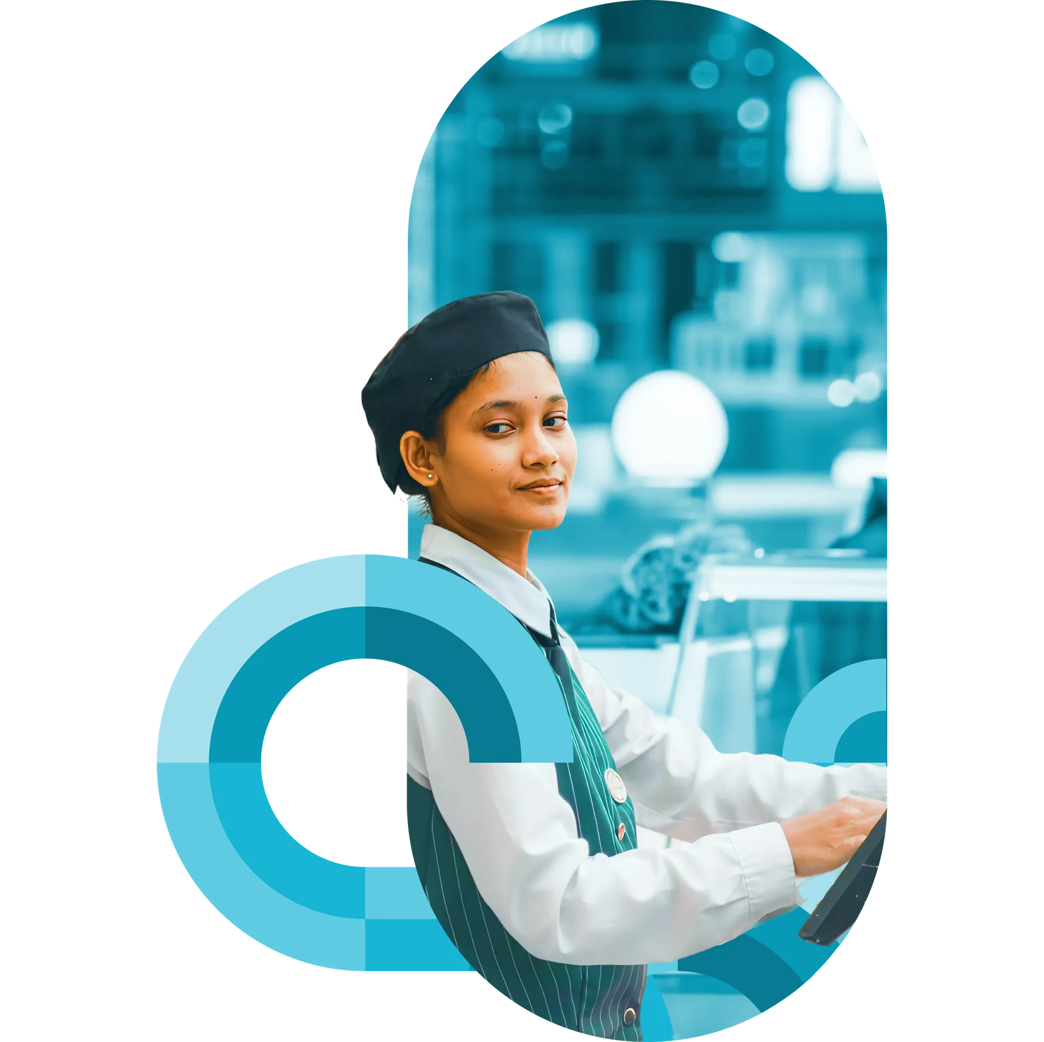 A quick-service restaurant team member in a cap and chef's coat working behind the counter, framed by teal circular brand graphics