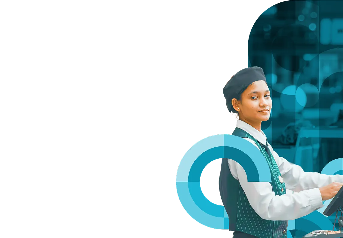 A restaurant worker at a point-of-sale terminal surrounded by teal circular brand graphics
