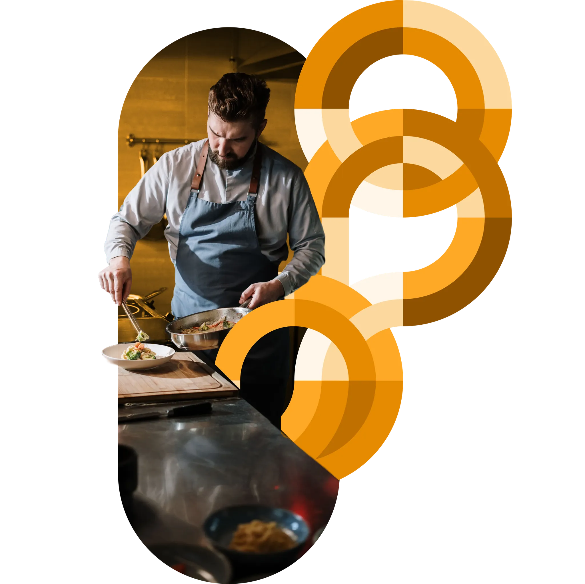 A chef plating a dish at a restaurant pass, framed by amber circular brand graphics
