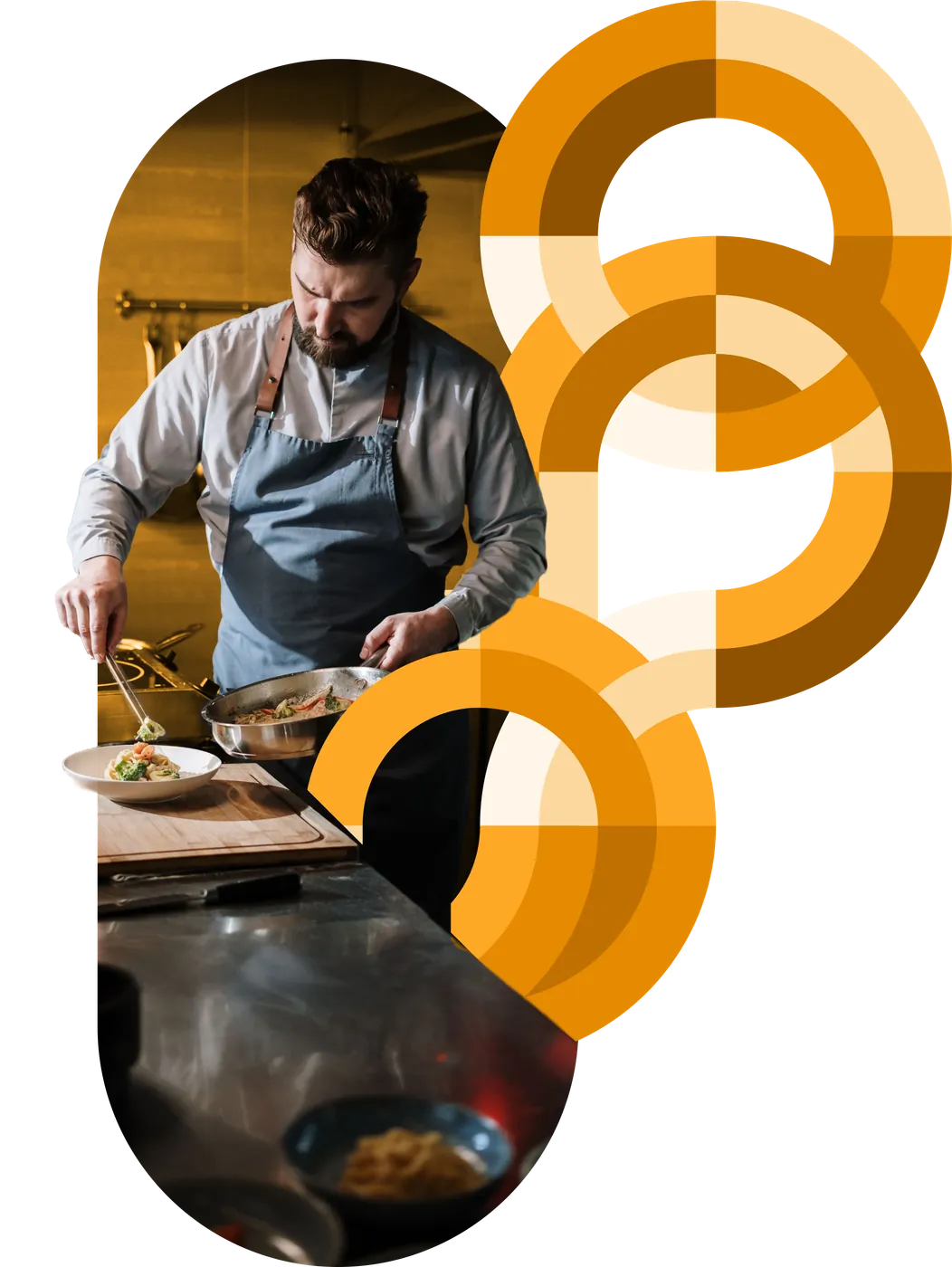 A chef plating a dish in a restaurant kitchen amid amber circular brand graphics