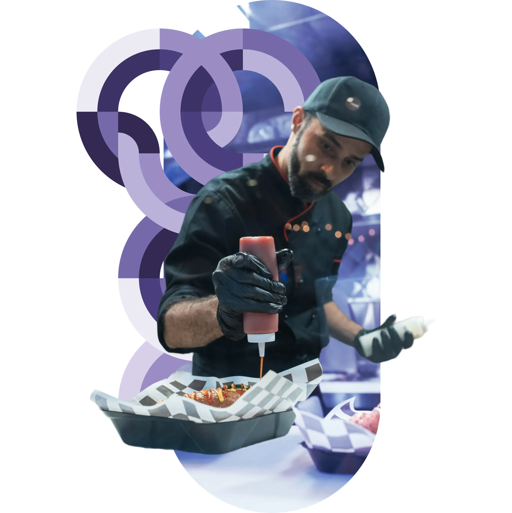 A foodservice worker in a cap and gloves finishing a packaged meal tray, framed by purple circular brand graphics