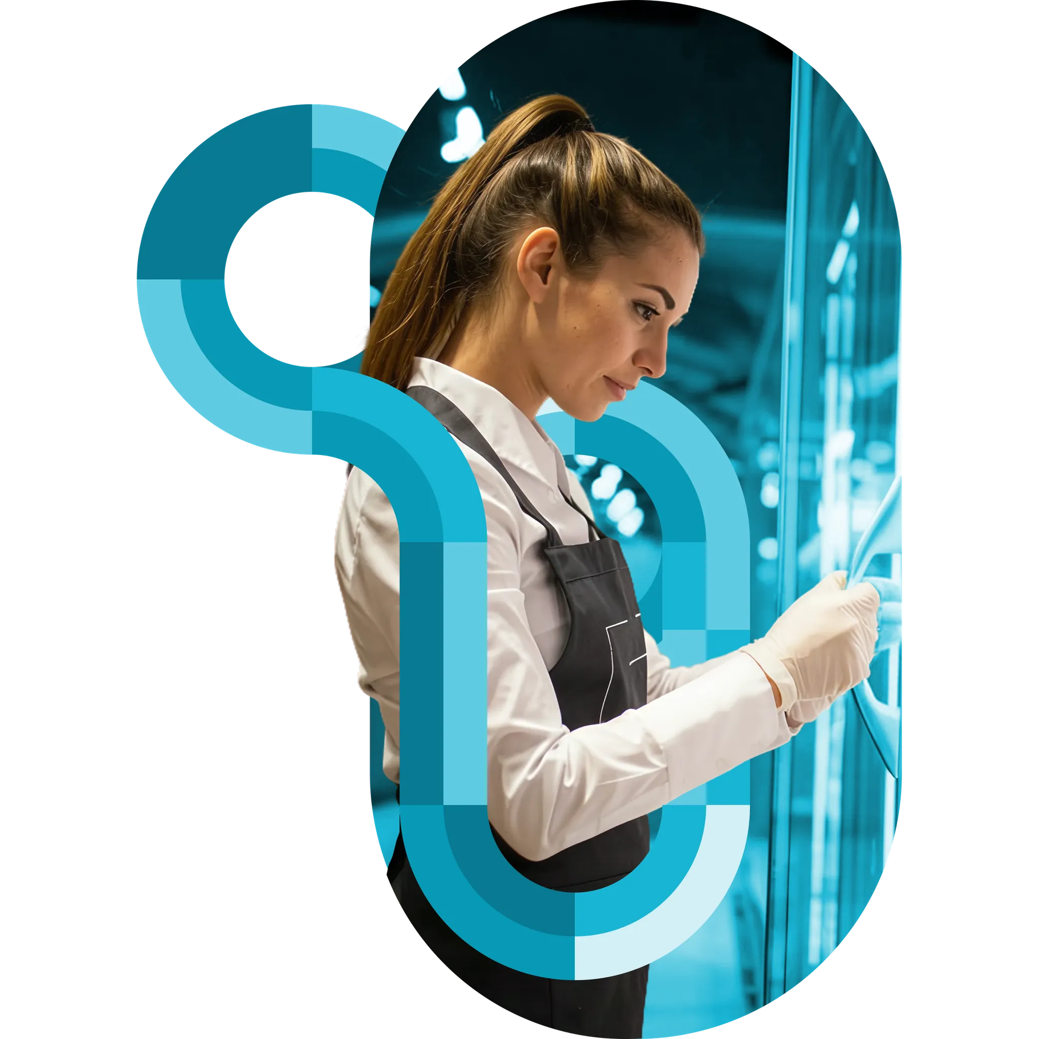 A convenience-store worker in a glove restocking a Grab-N-Go case, framed by teal circular brand graphics