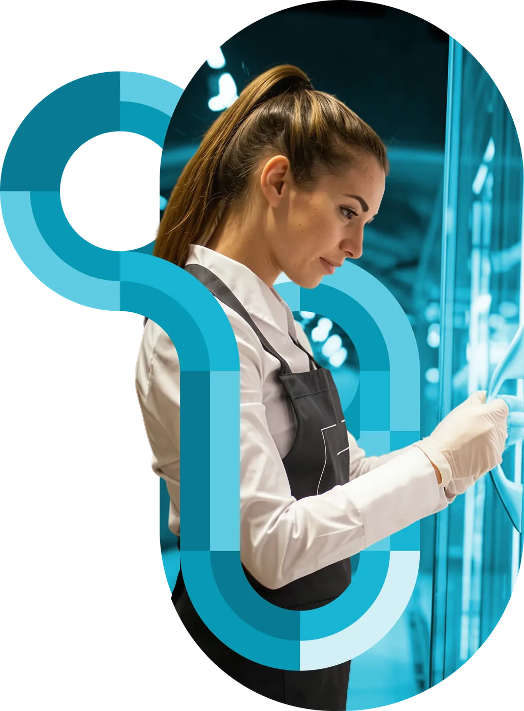A convenience-store worker preparing grab-and-go food amid teal circular brand graphics