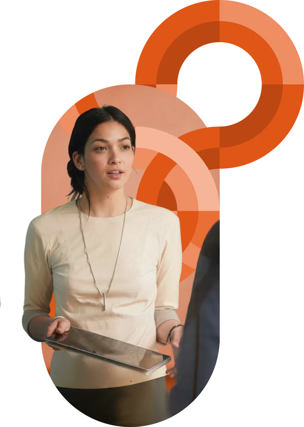 A foodservice manager holding a tablet amid orange circular brand graphics