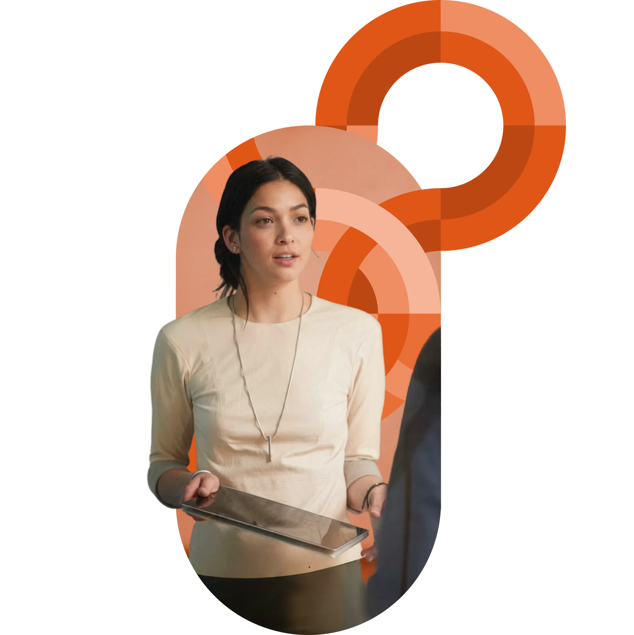 A foodservice manager carrying a sheet tray through a kitchen, framed by coral circular brand graphics