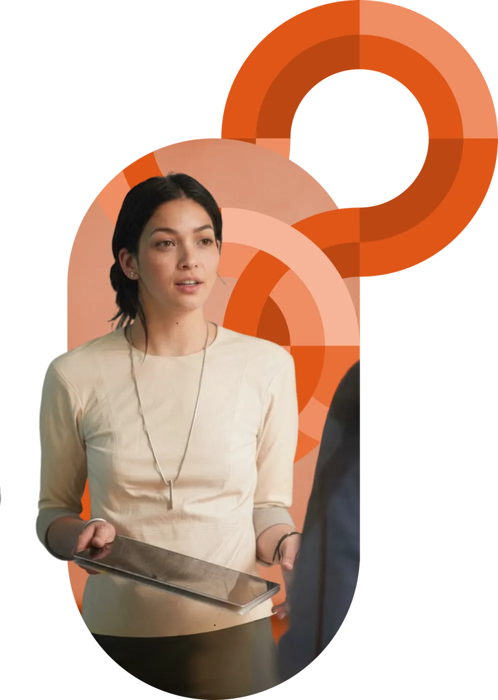 A foodservice manager holding a tablet amid orange circular brand graphics