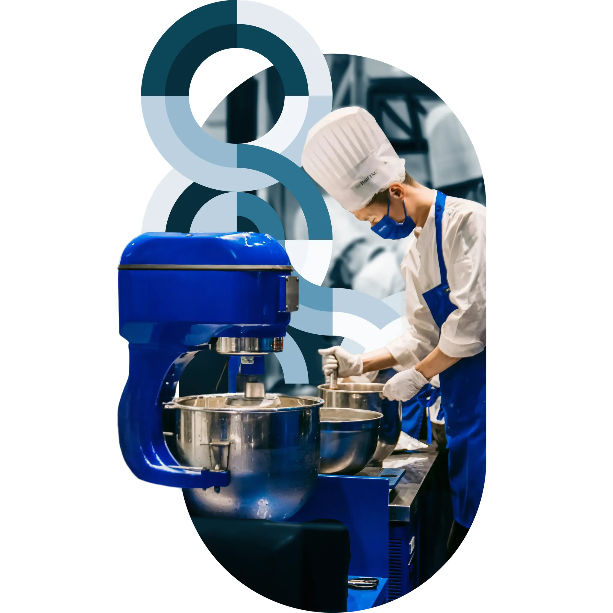 Chefs in whites working behind a commercial stand mixer, framed by blue circular brand graphics