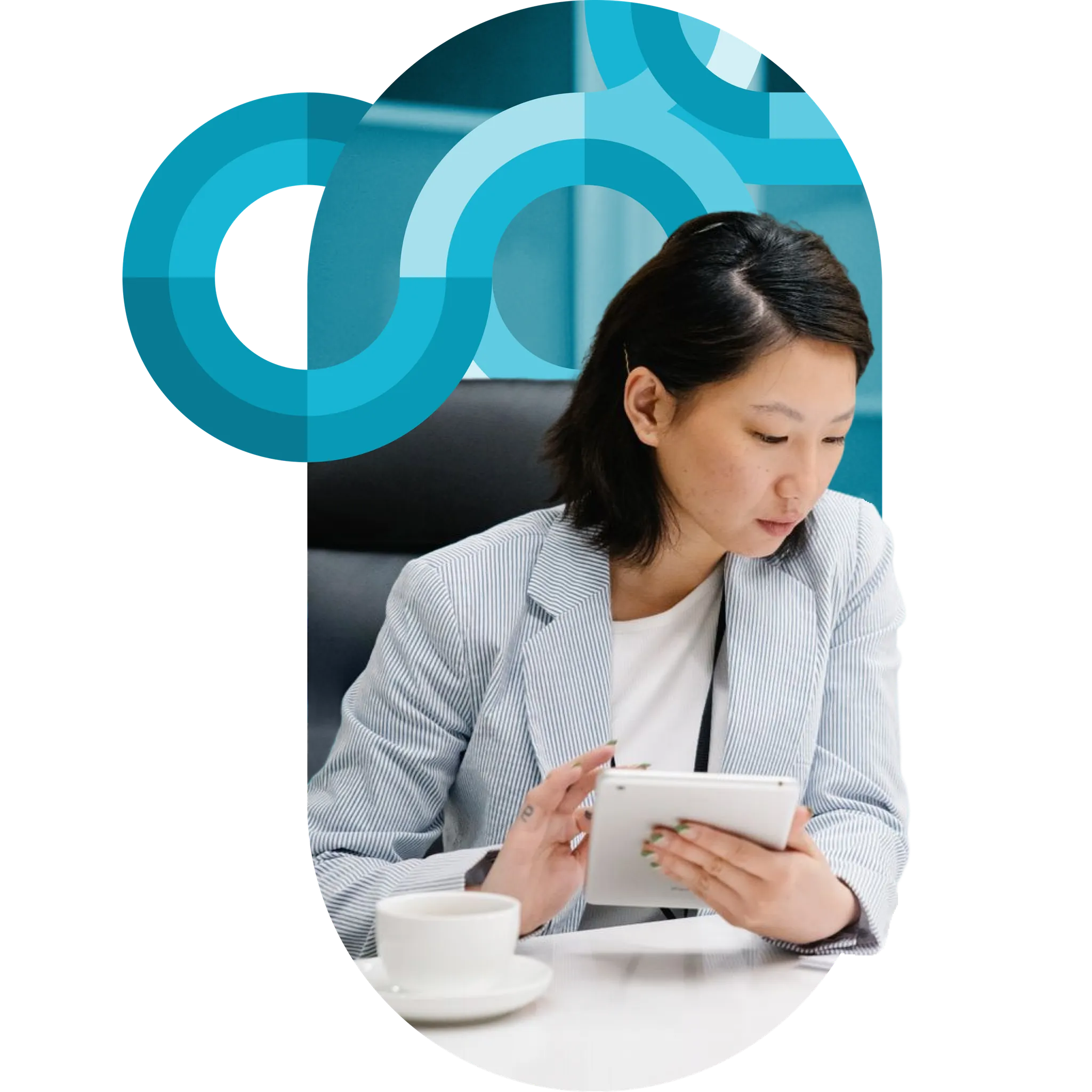 A corporate foodservice manager reviewing operations on a tablet at a desk, framed by teal circular brand graphics