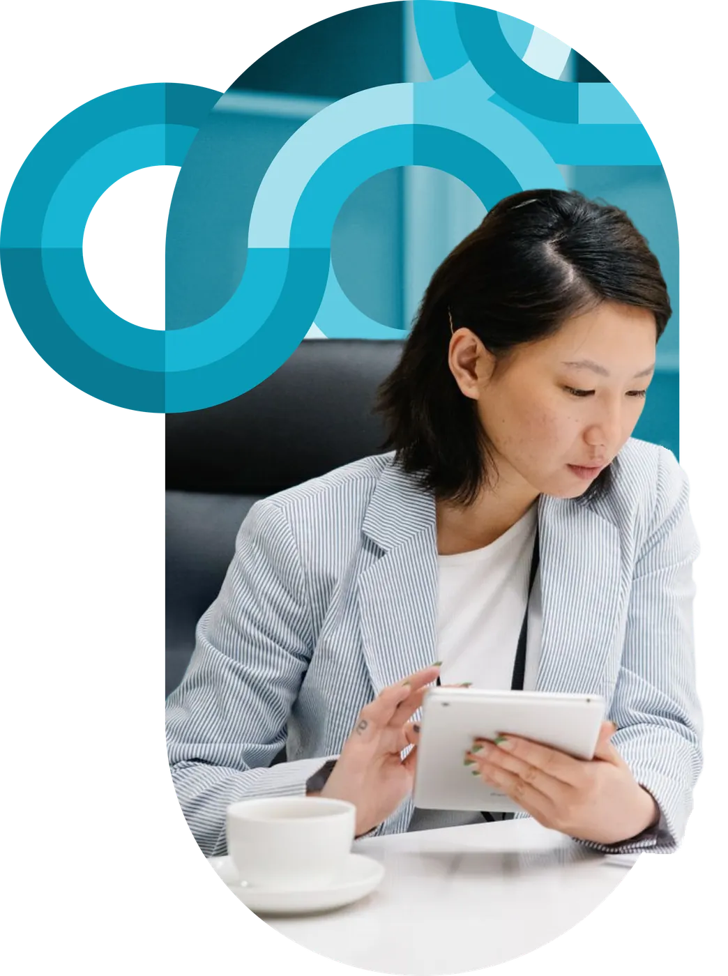 A corporate foodservice manager reviewing operations on a tablet amid teal circular brand graphics