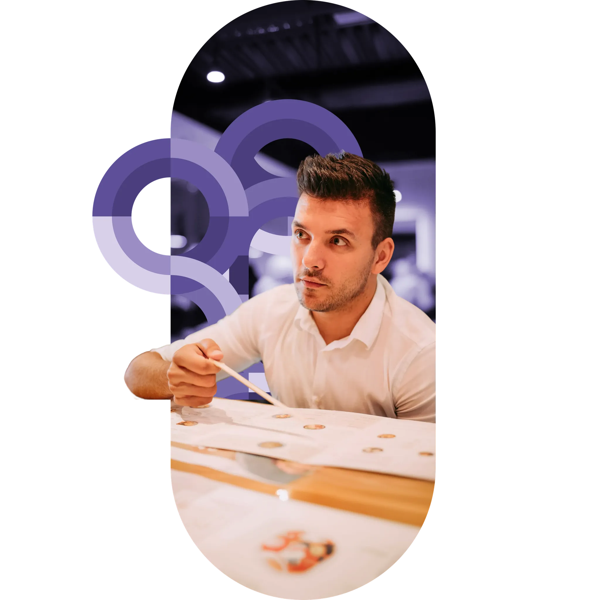 A regional field manager taking notes at a restaurant table, framed by purple circular brand graphics