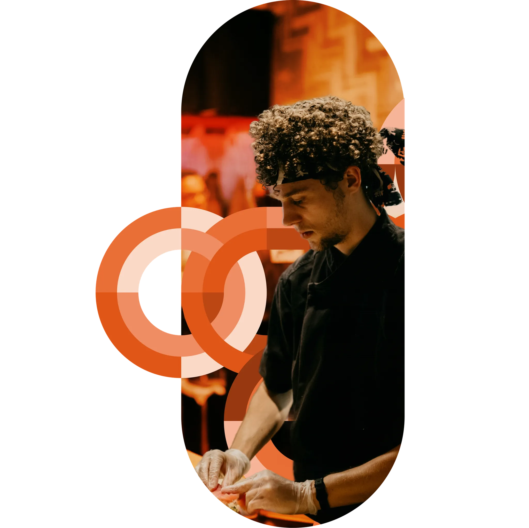 A sushi chef preparing rolls at a prep counter, framed by orange circular brand graphics