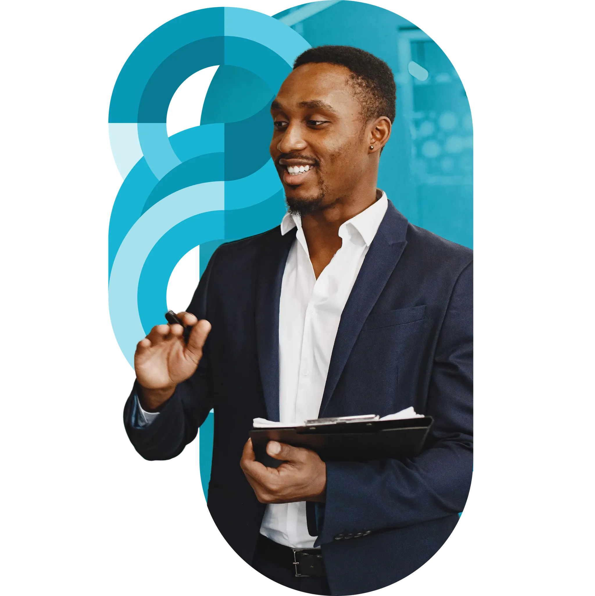 A manager in a blazer smiling while reviewing a clipboard, framed by teal circular brand graphics