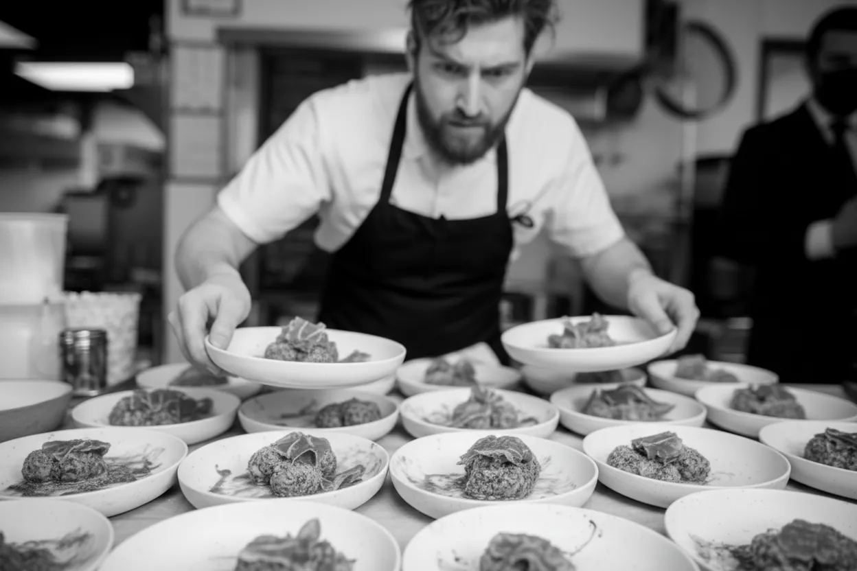 Two chefs cooking on a commercial kitchen line, in black and white