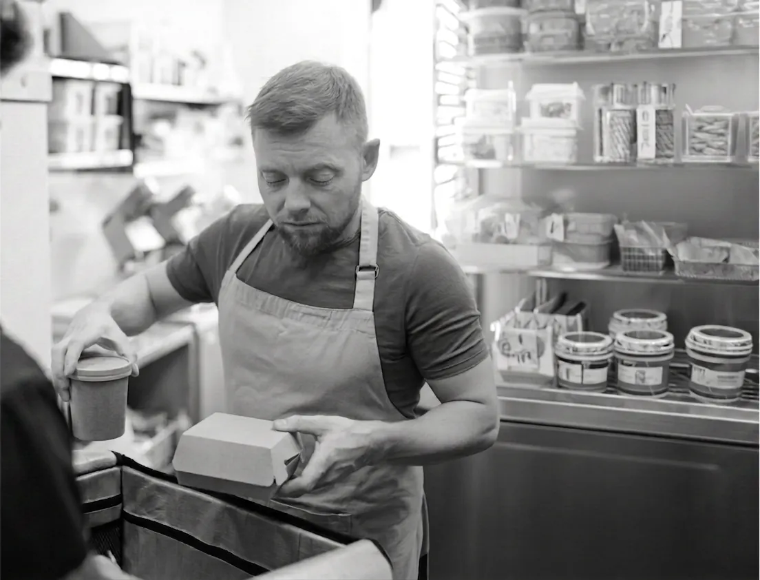 A deli worker at a prep counter lined with stocked containers, in black and white