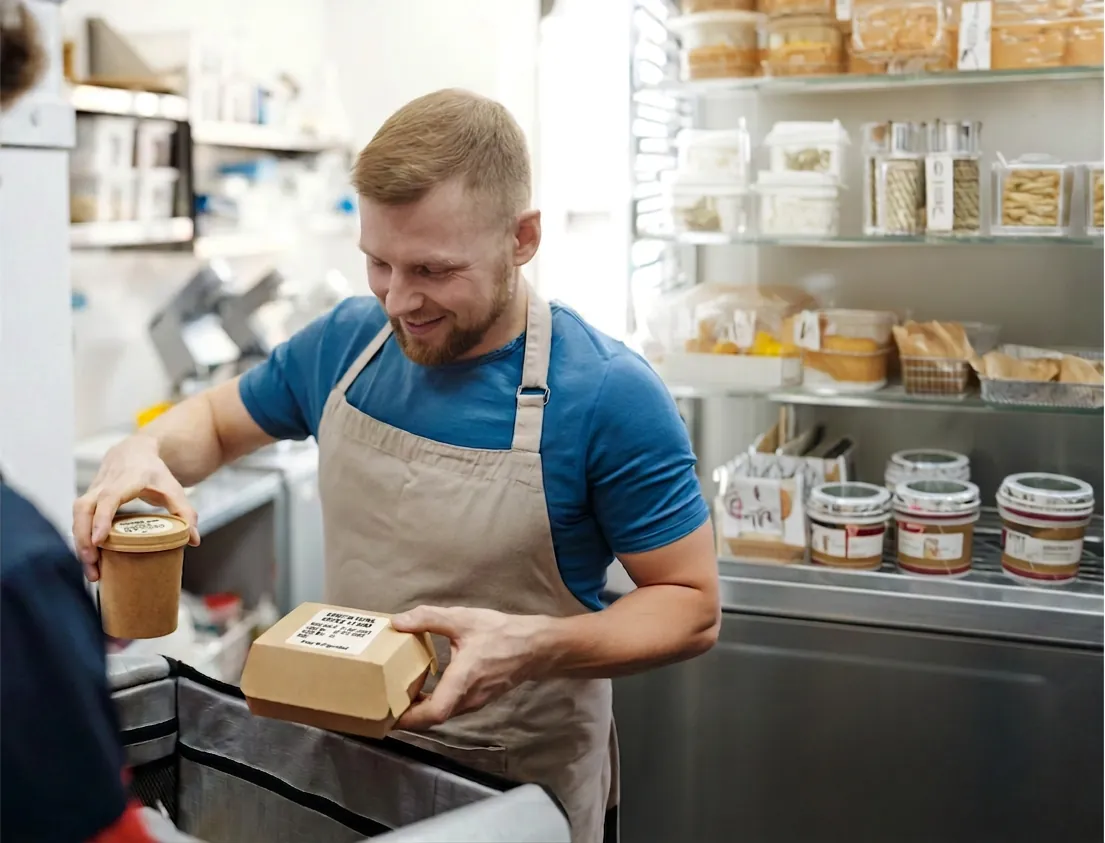 A deli worker in an apron holding a packaged takeout order at a deli counter